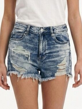 AMERICAN EAGLE | Hi-Rise Shortie Distressed Blue Denim Shorts Women’s Size 12